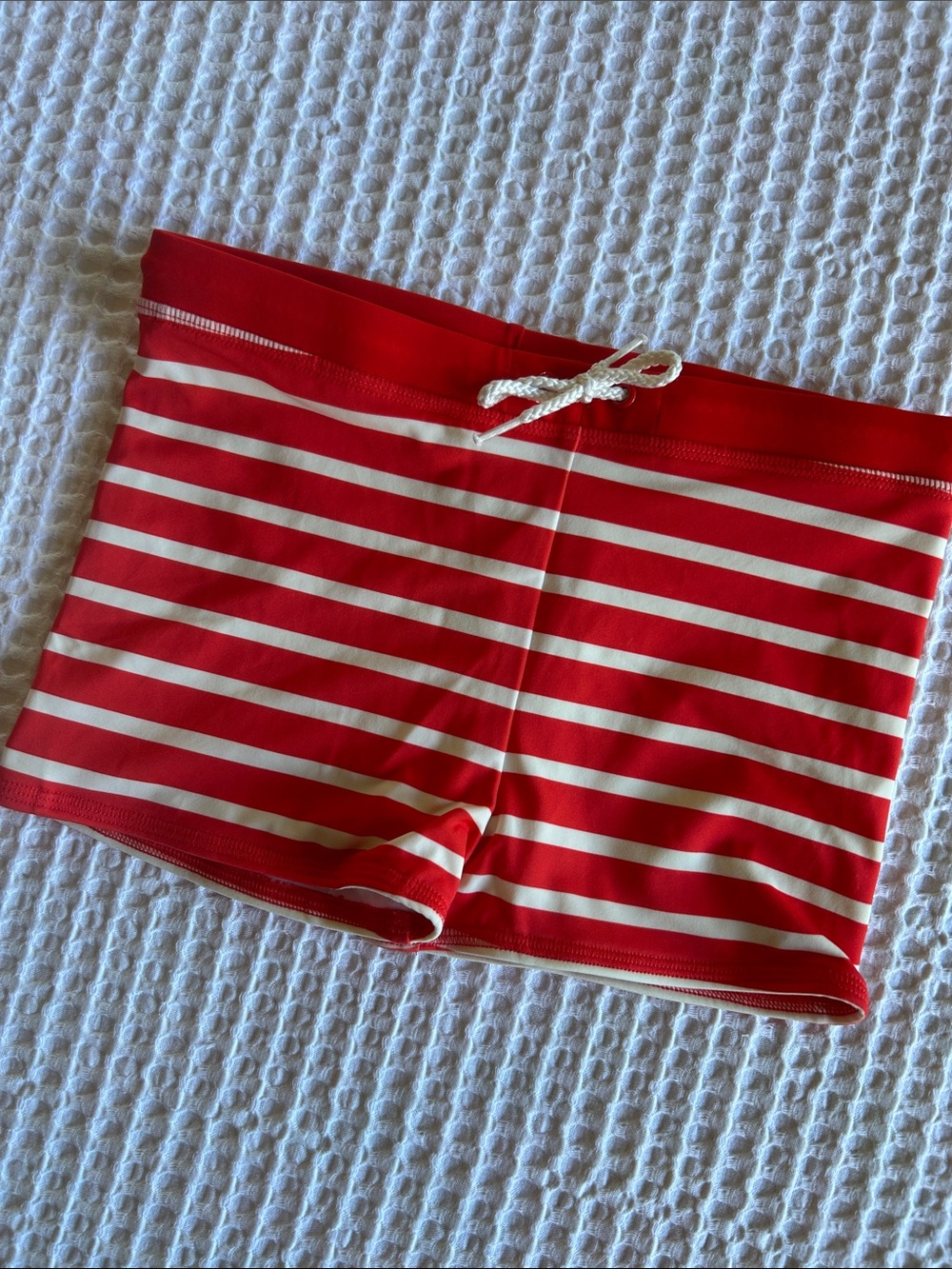 Boden Red & White Striped Boys Euro-Style Swim Trunks
